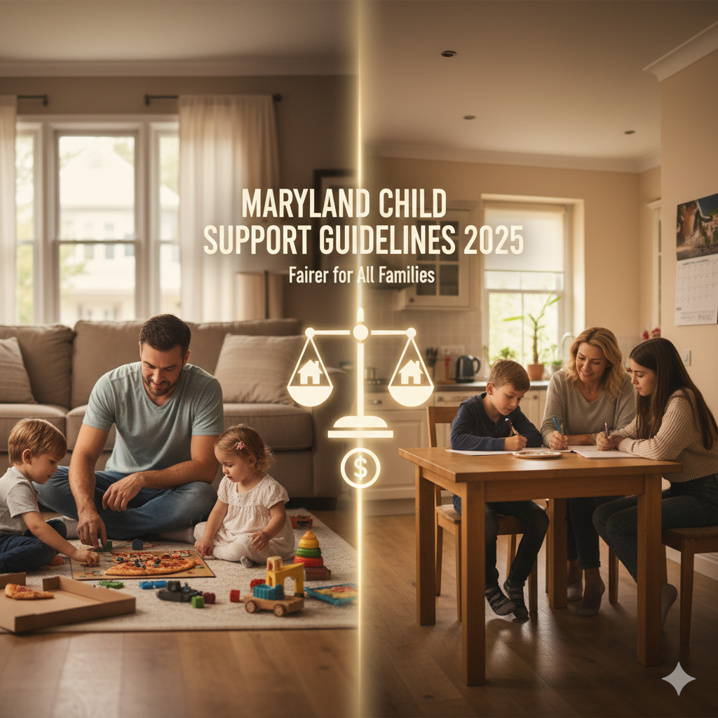 An image depicting Maryland's 2025 child support guidelines, showing a father with his kids in one home and a mother with her kids in another, balanced by a scale of justice.